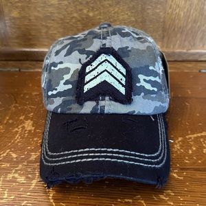 NWT Distressed Camo Cap With Military Emblem